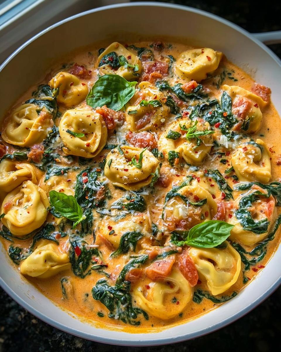 Close-up of a bowl filled with One Pot Creamy Spinach Tomato Tortellini, garnished with fresh basil and red pepper flakes.