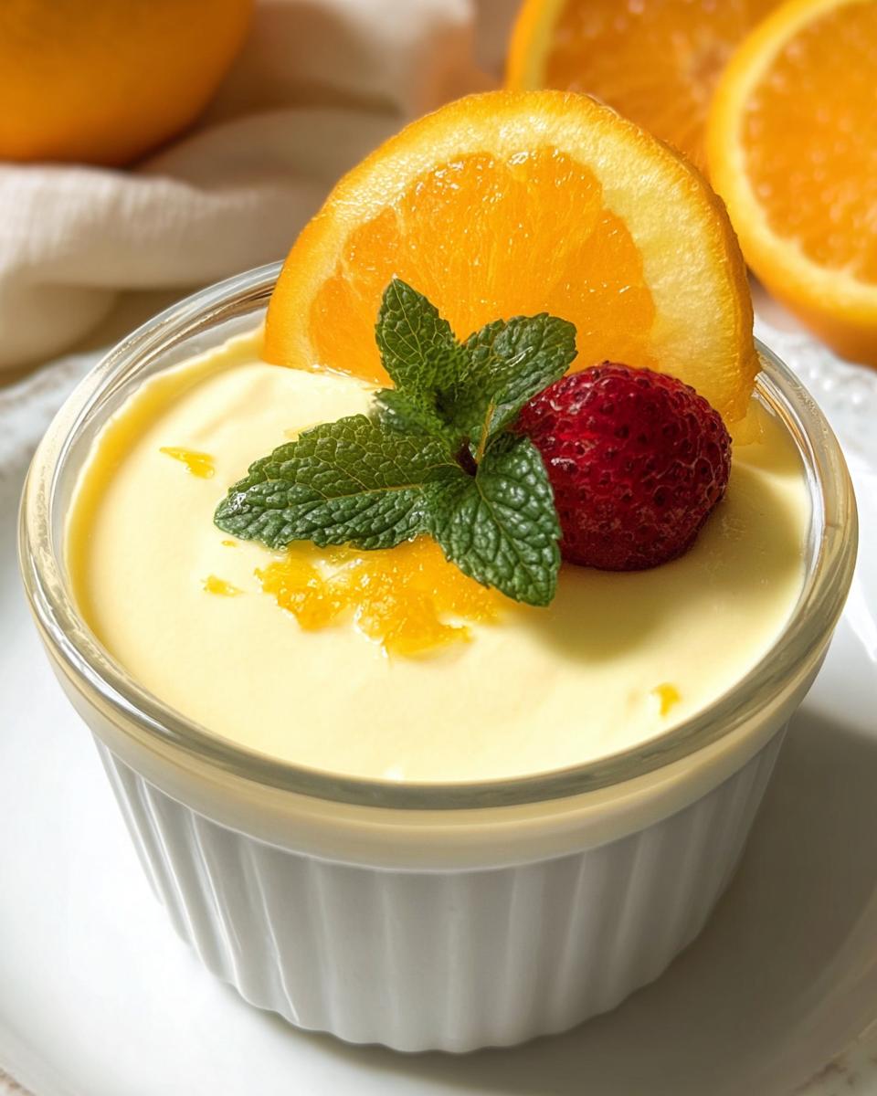 A creamy Orange Posset Mary Berry Inspired Dessert served in a ramekin, garnished with an orange slice, strawberry, and mint.