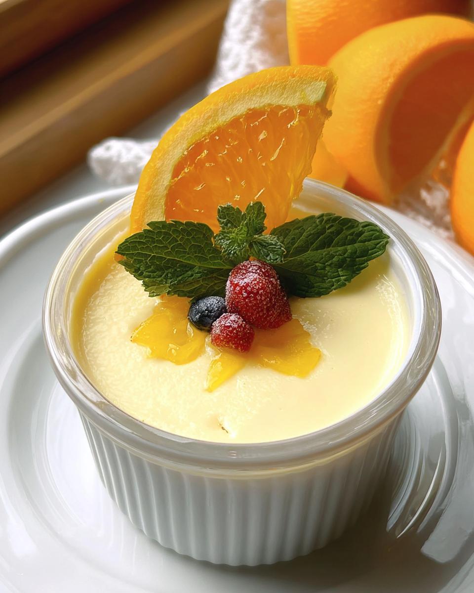 A creamy Orange Posset Mary Berry Inspired Dessert served in a ramekin, garnished with orange slice, berries and mint.