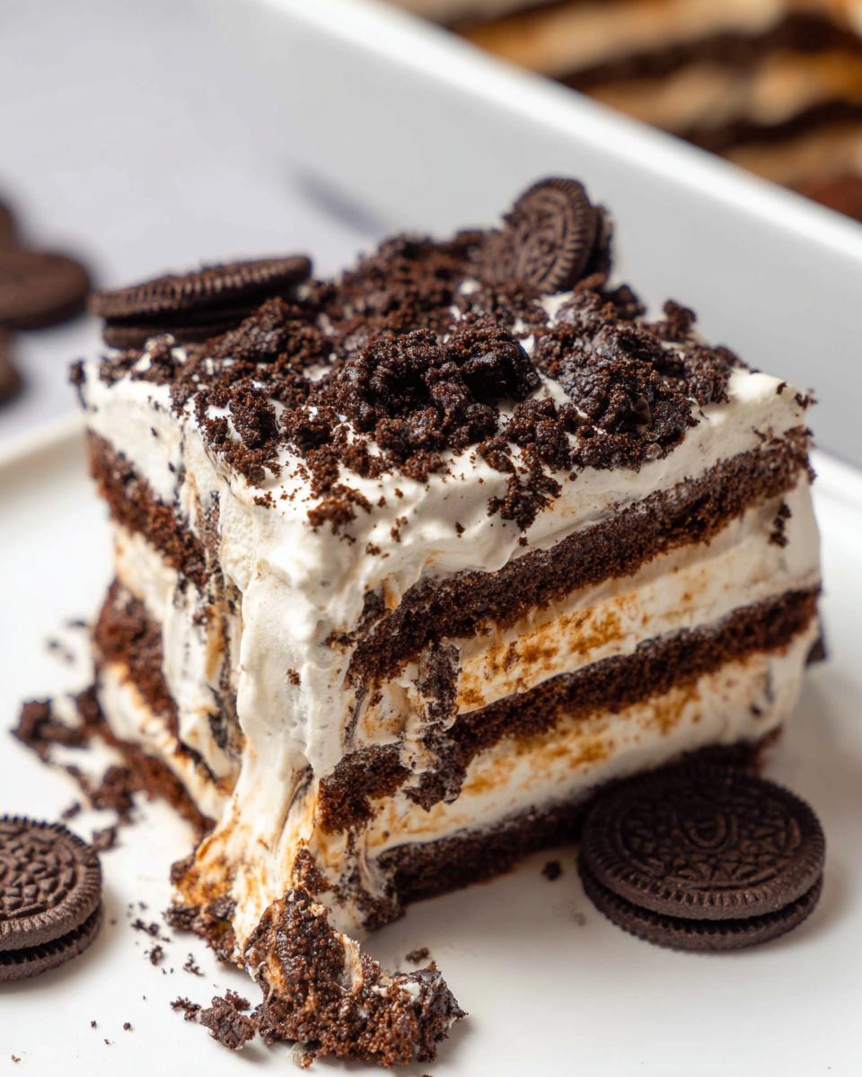A decadent slice of Oreo Icebox Cake, layered with cream and crushed Oreos, topped with whole Oreos.