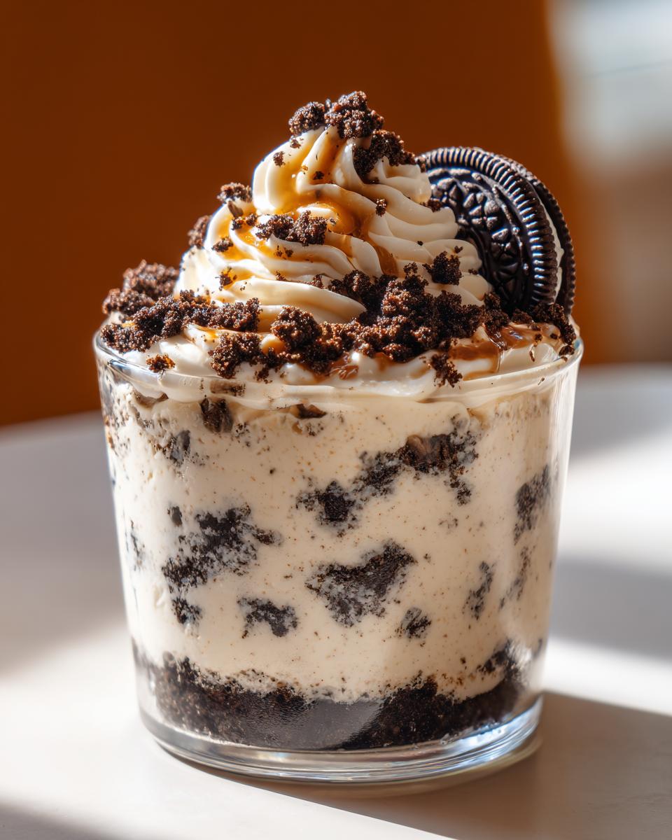 A delicious Oreo No Bake Cheesecake Cup topped with whipped cream, cookie crumbs, and a whole Oreo.