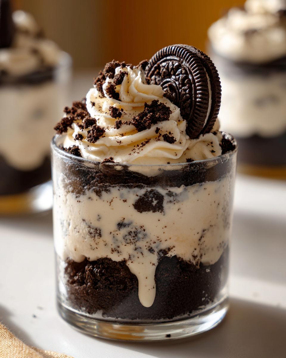 A close-up of an Oreo No Bake Cheesecake Cup topped with whipped cream, crushed Oreos, and a whole Oreo.