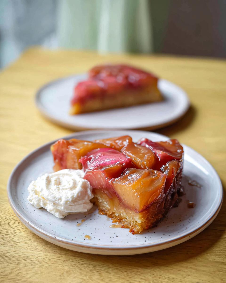 A slice of delicious Peach and Rhubarb Upside Down Cake served with whipped cream.