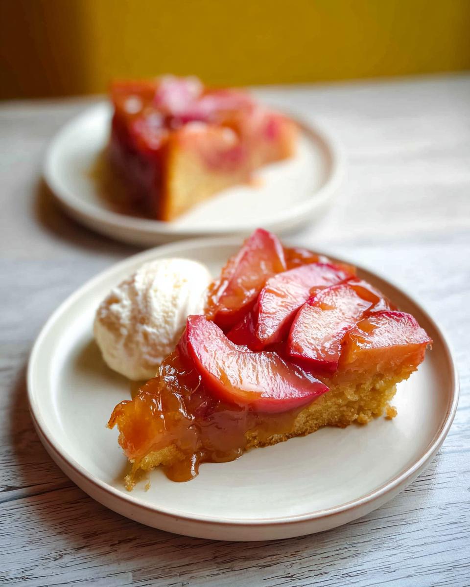 A slice of delicious Peach and Rhubarb Upside Down Cake served with a scoop of vanilla ice cream.