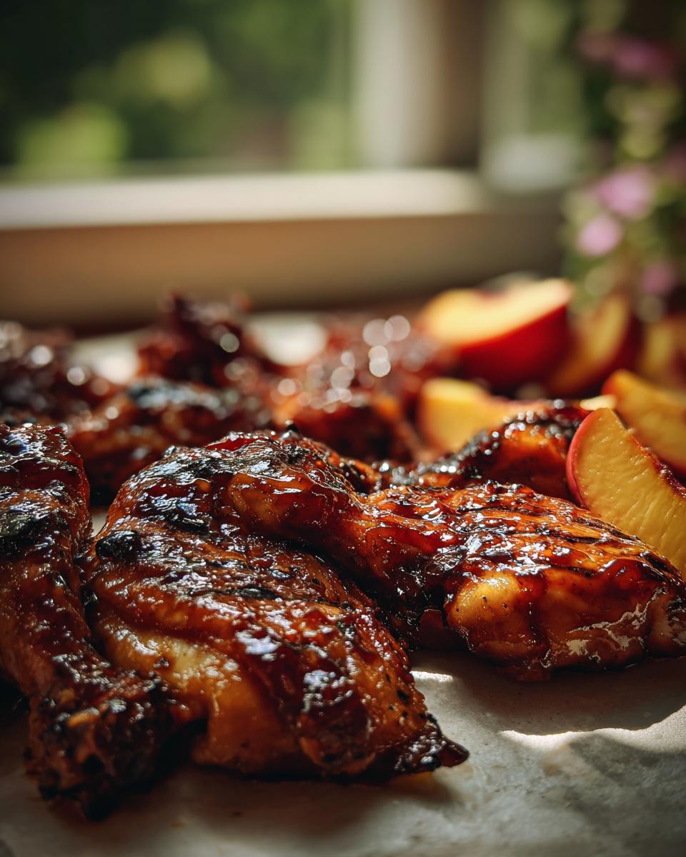 Close-up of juicy Peach Tea Grilled Chicken with a sticky peach glaze, served with sliced peaches.