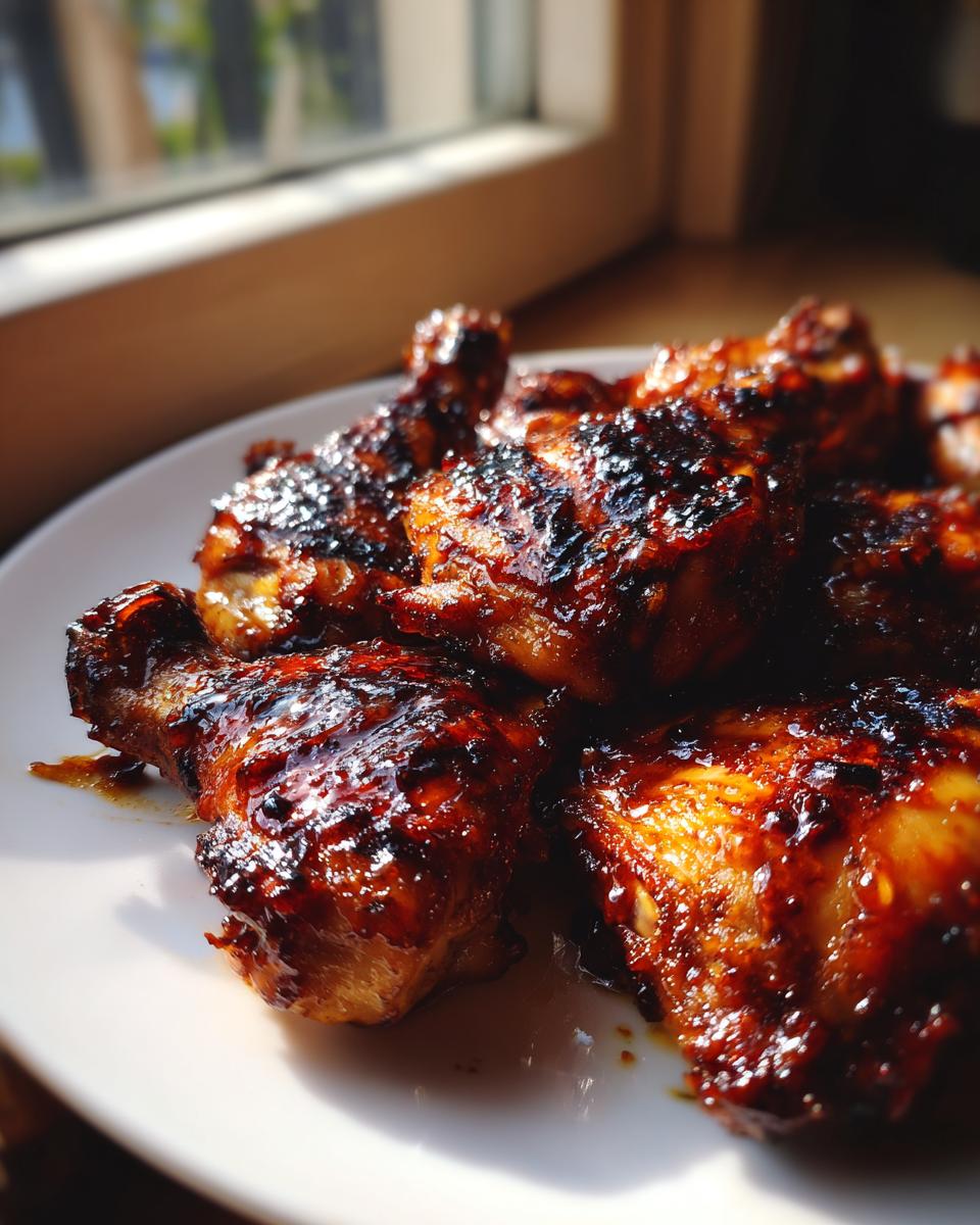 Close-up of juicy Peach Tea Grilled Chicken with a sticky peach glaze, glistening under the sun.
