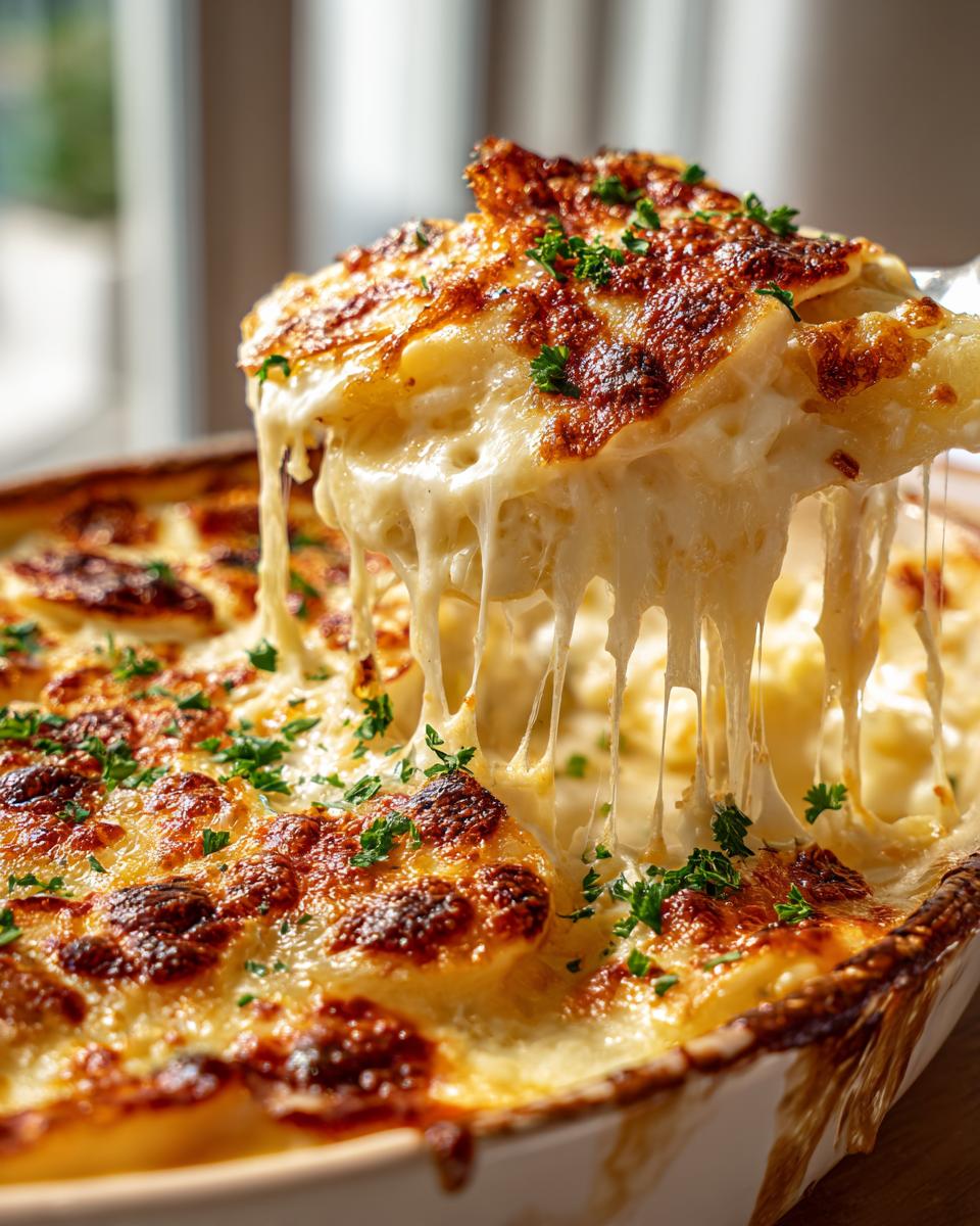 A serving spoon lifts a cheesy portion of Perfect Creamy Au Gratin Potatoes, showing melted cheese strings.