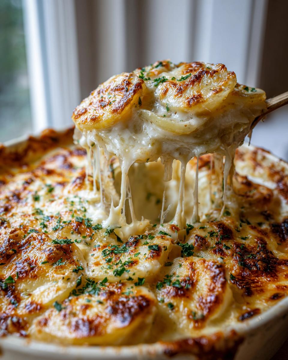 A serving spoon lifts a cheesy portion of Perfect Creamy Au Gratin Potatoes, showing melted cheese strings.