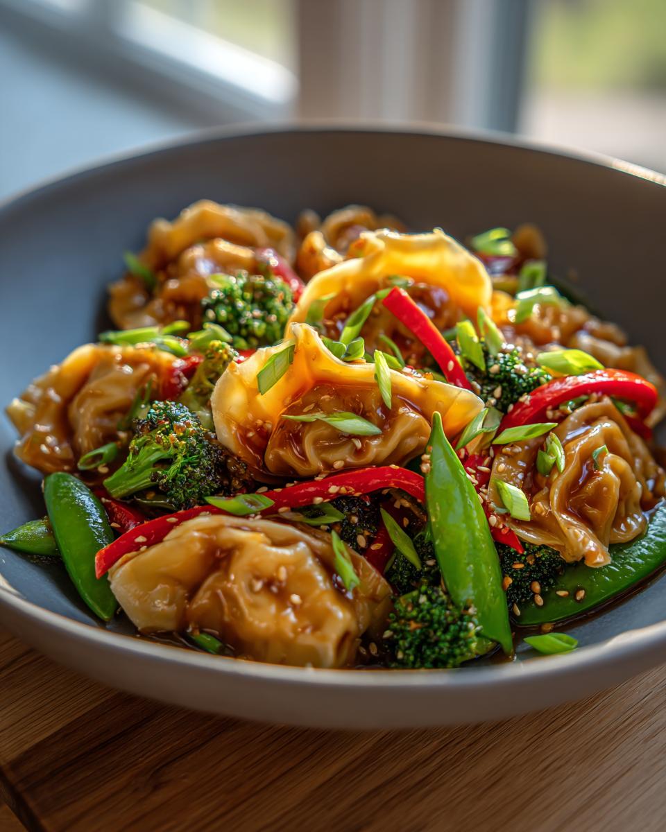 A close-up of a bowl filled with potsticker stir fry, featuring potstickers, broccoli, snap peas, and red peppers in a glossy sauce.