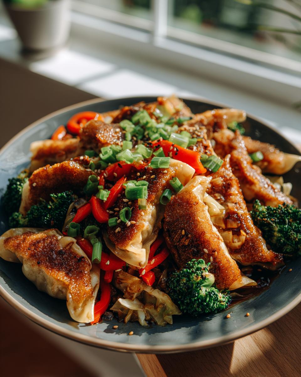 A close-up of a delicious potsticker stir fry with golden-brown potstickers, broccoli florets, red bell peppers, and green onions.
