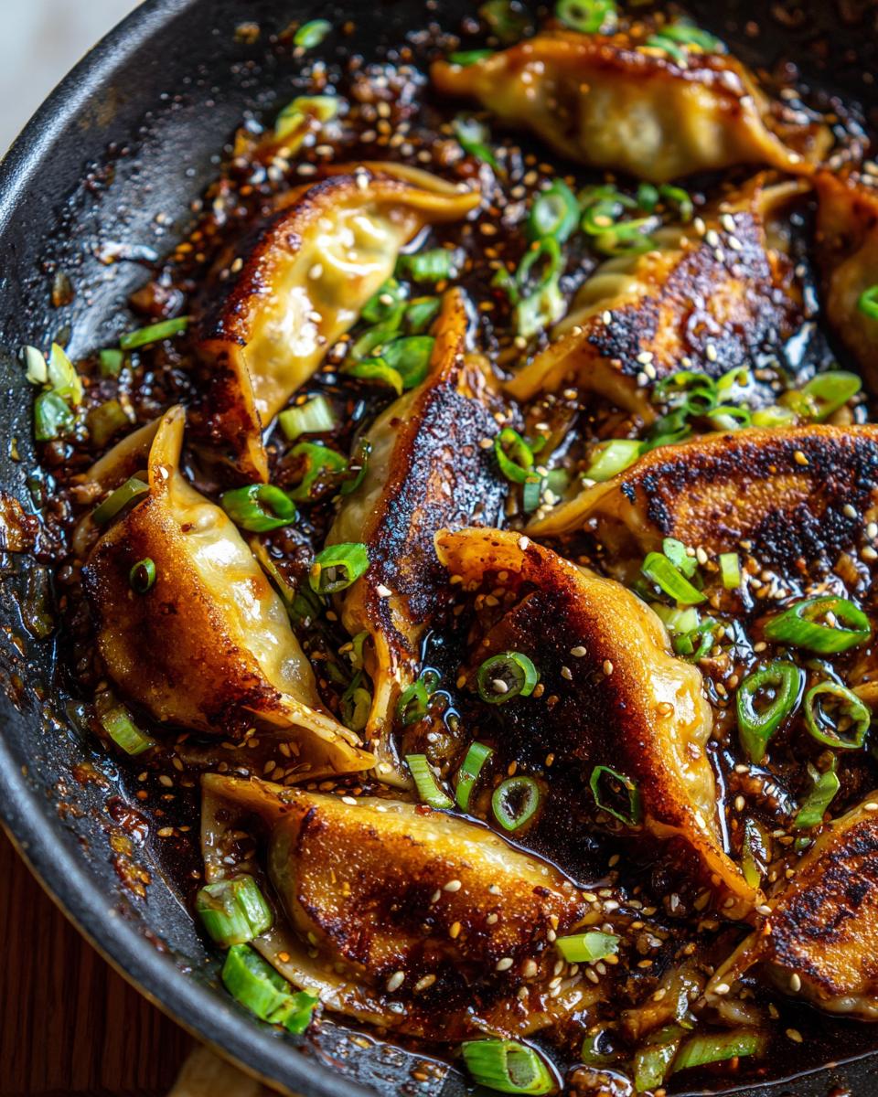 Close-up of golden-brown potstickers in a glossy stir fry sauce, garnished with sesame seeds and green onions.