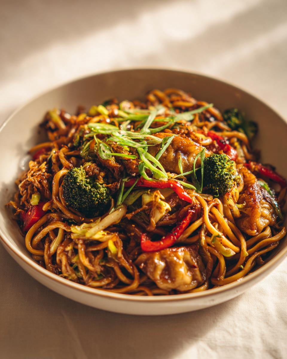 A bowl of potsticker stir fry with noodles, broccoli, red peppers, and green onions.