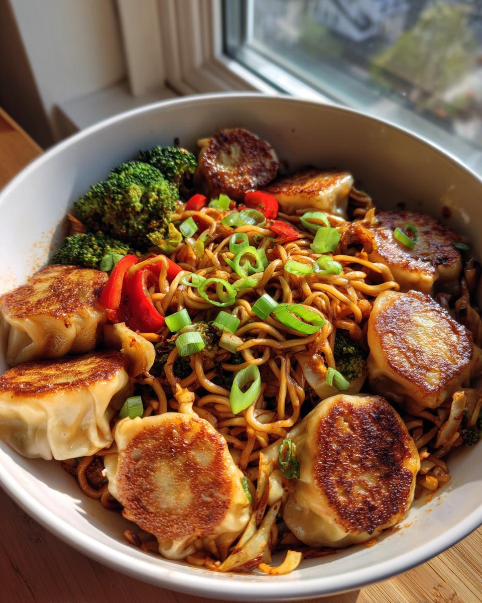 A close-up of a bowl of potsticker stir fry with noodles, broccoli, red peppers, and green onions.