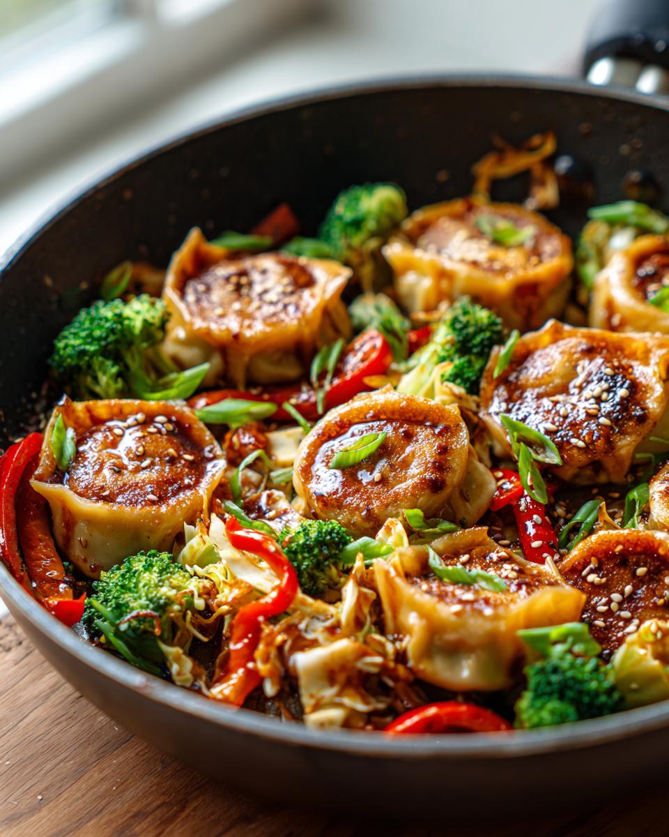 Close-up of a pan filled with a vibrant potsticker stir fry, featuring golden-brown potstickers, broccoli, red peppers, and cabbage.
