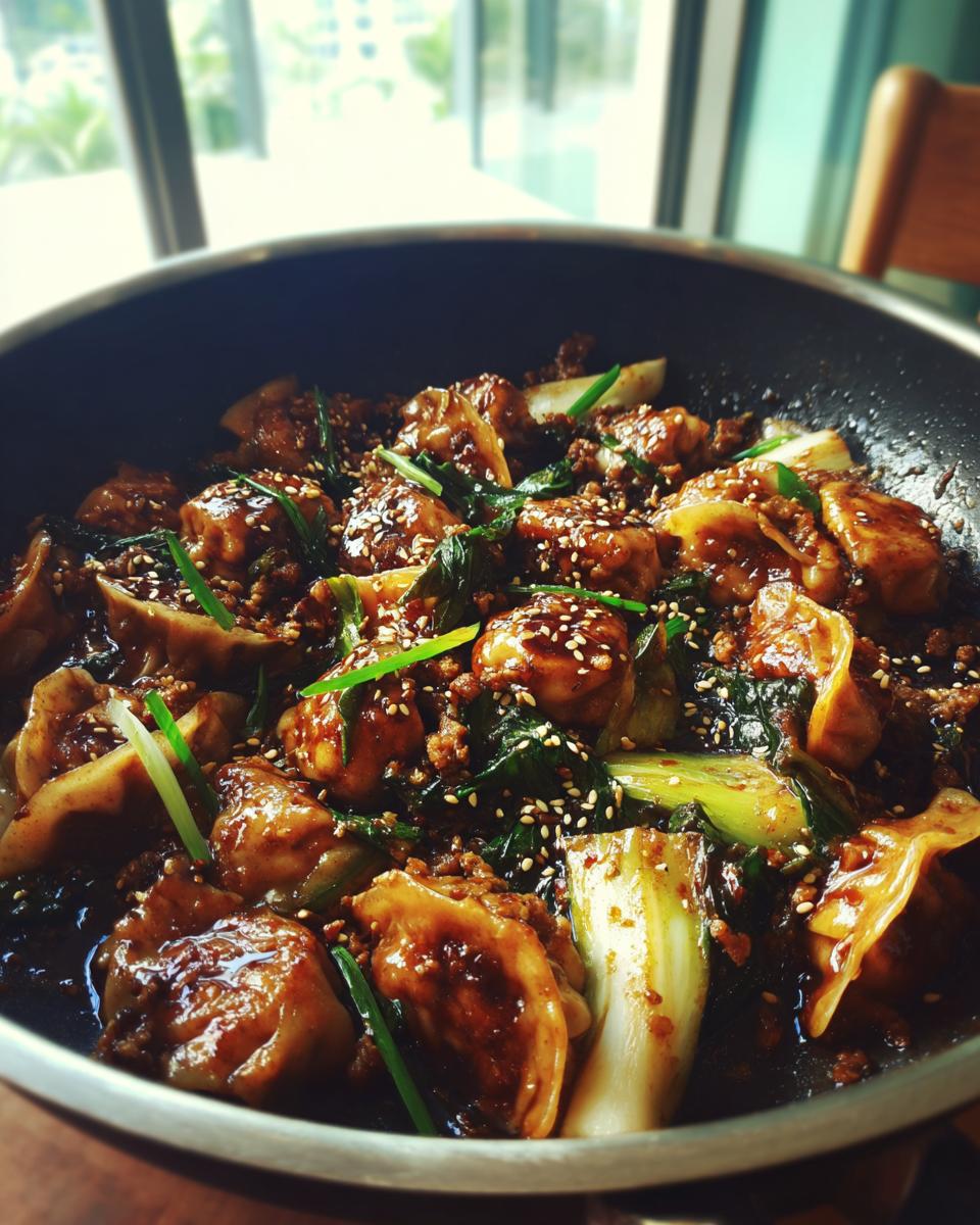 A close-up view of a savory potsticker stir fry with ground meat, bok choy, and sesame seeds in a pan.