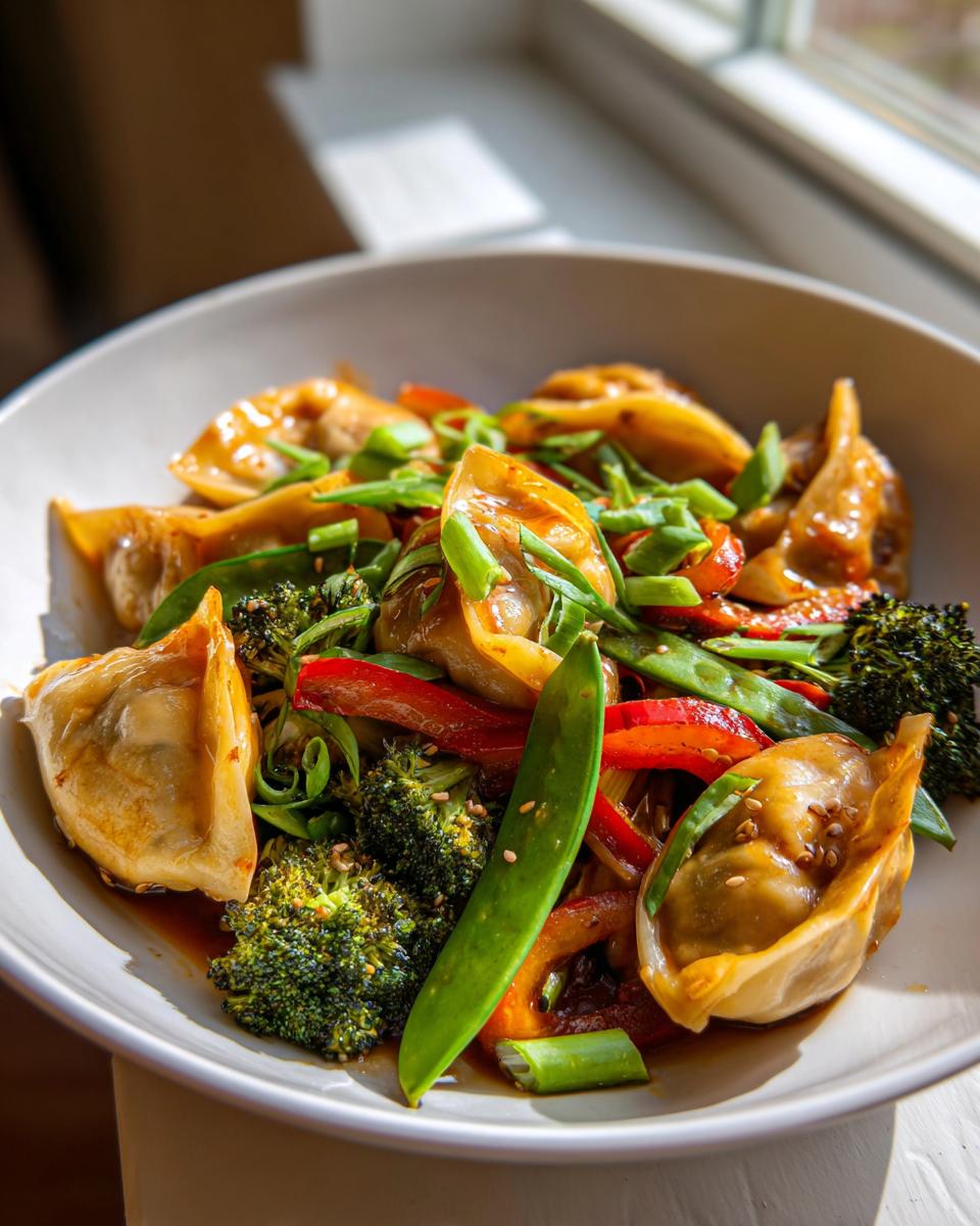 A close-up of a bowl of potsticker stir fry, featuring golden potstickers, broccoli, snap peas, and red bell peppers in a savory sauce.