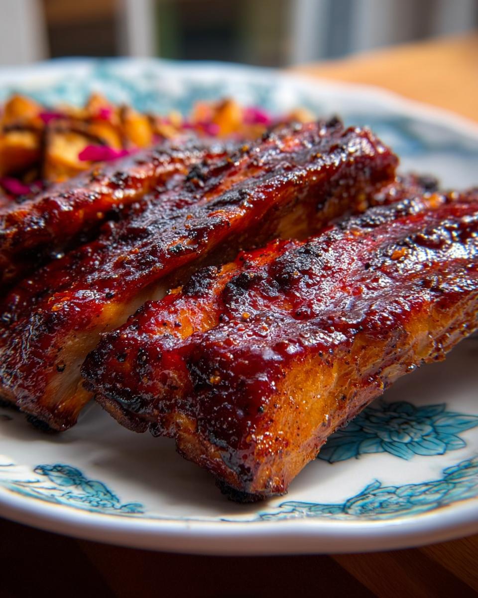 Close-up of delicious Quick Easy Dry Rubbed Grilled Barbecue Chicken Ribs glazed with barbecue sauce.