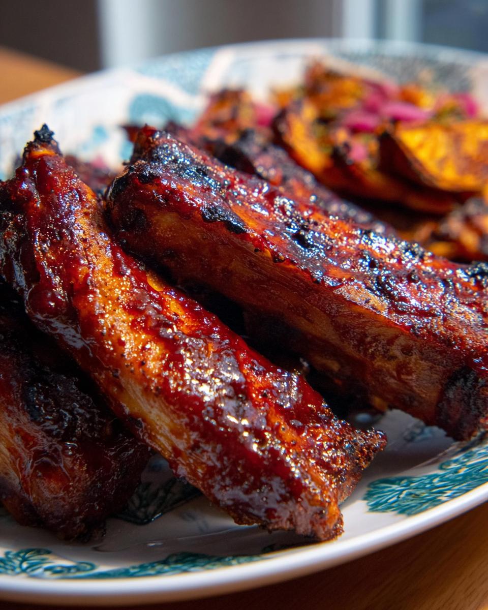 Close-up of delicious Quick Easy Dry Rubbed Grilled Barbecue Chicken Ribs glazed with barbecue sauce.