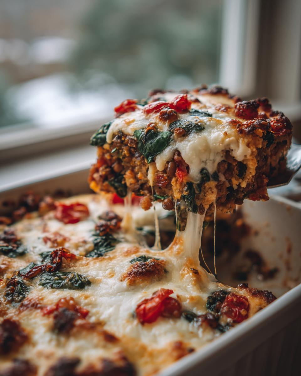 A slice of cheesy quinoa lentil bake being lifted from a baking dish, with melted cheese stretching.