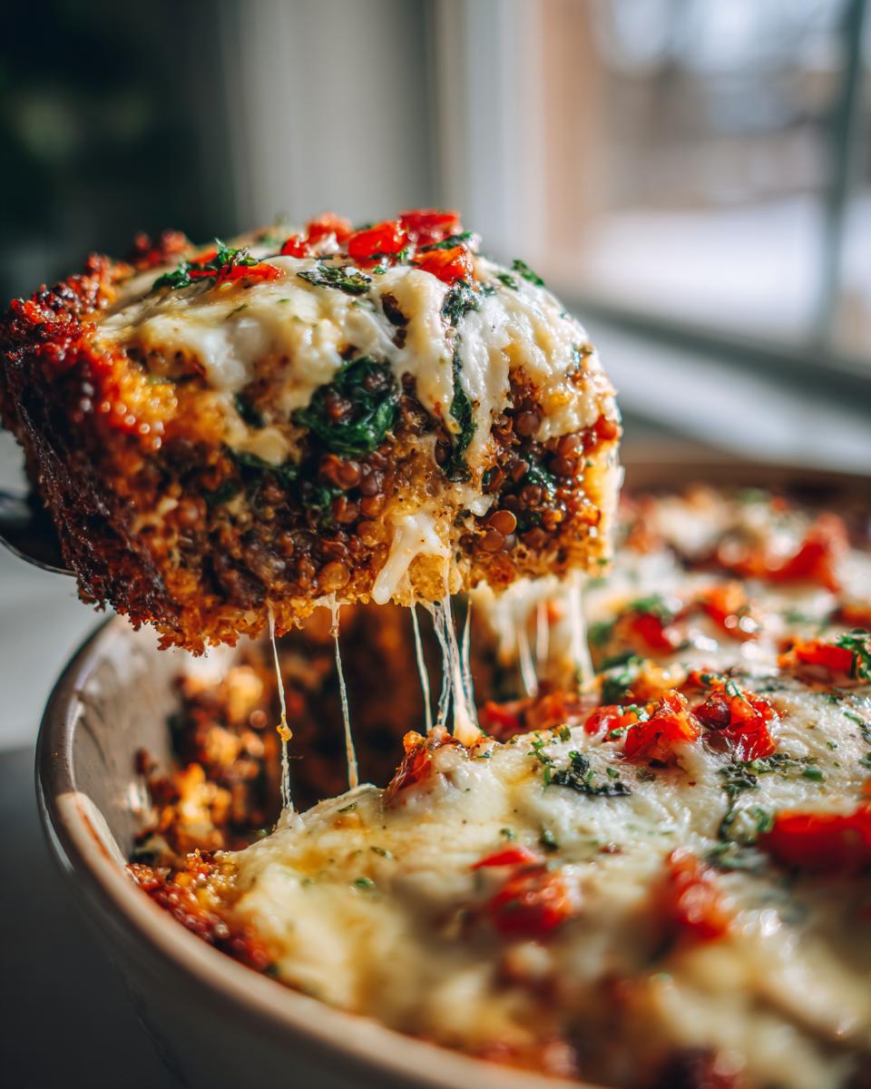 A slice of cheesy quinoa lentil bake being lifted from a dish, with melted cheese stretching.