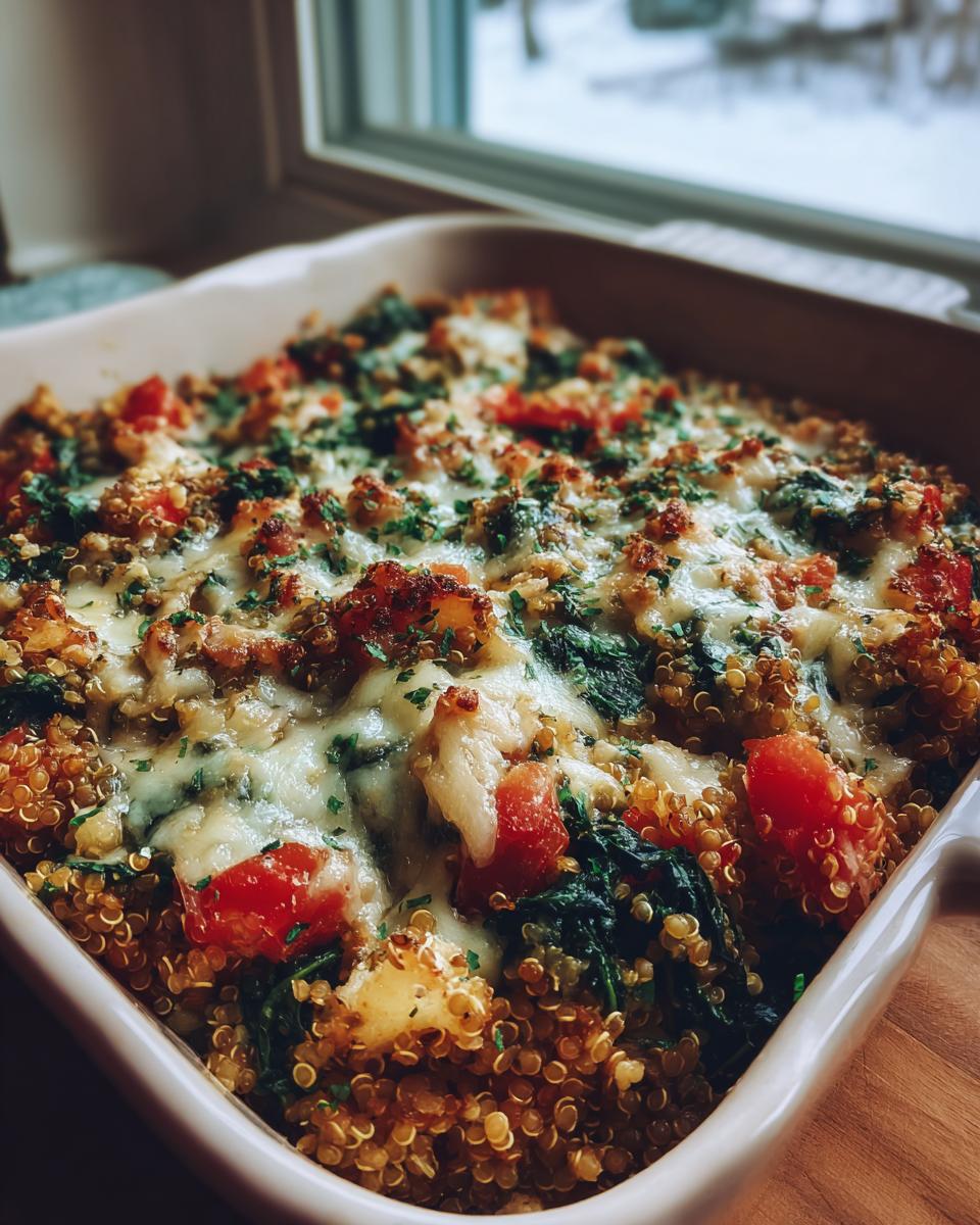 Close-up of a baked quinoa lentil casserole topped with melted cheese, tomatoes, and parsley.