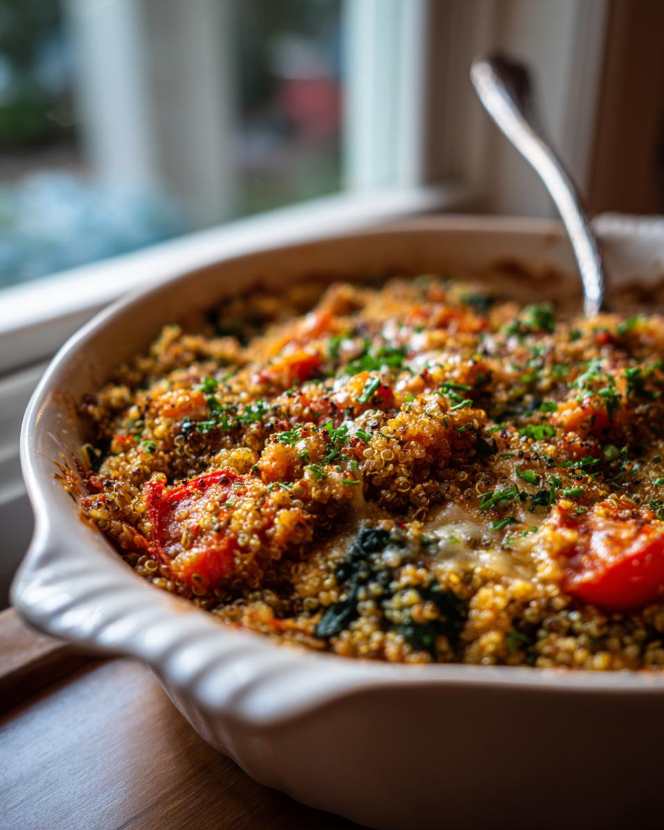 Close-up of a baked quinoa lentil casserole in a white dish, topped with tomatoes, spinach, and herbs.