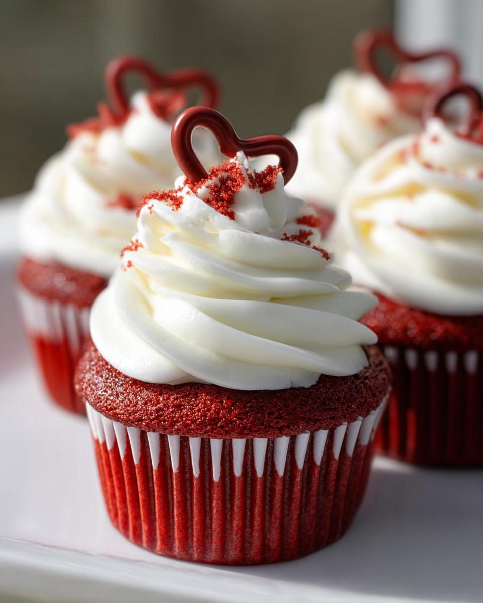 Close-up of a Nigella Inspired Red Velvet Cupcake topped with swirl of cream cheese frosting and a red heart decoration.