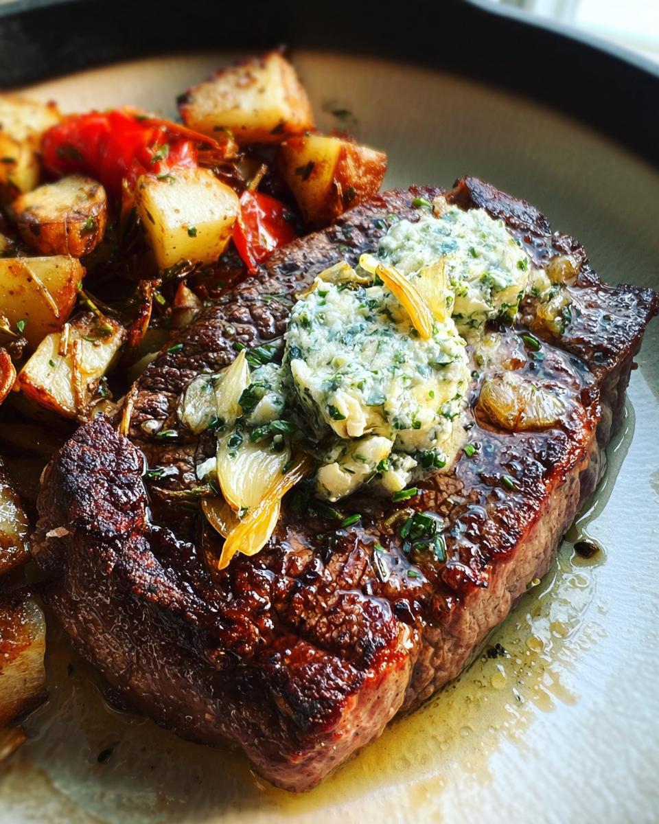 Juicy reverse seared steak topped with garlic herb butter and served with roasted potatoes.