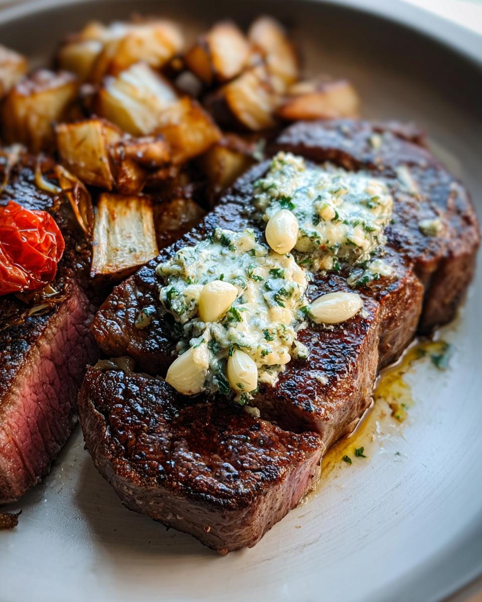 Close-up of a perfectly cooked Reverse Seared Steak topped with Garlic Herb Butter and served with roasted potatoes.