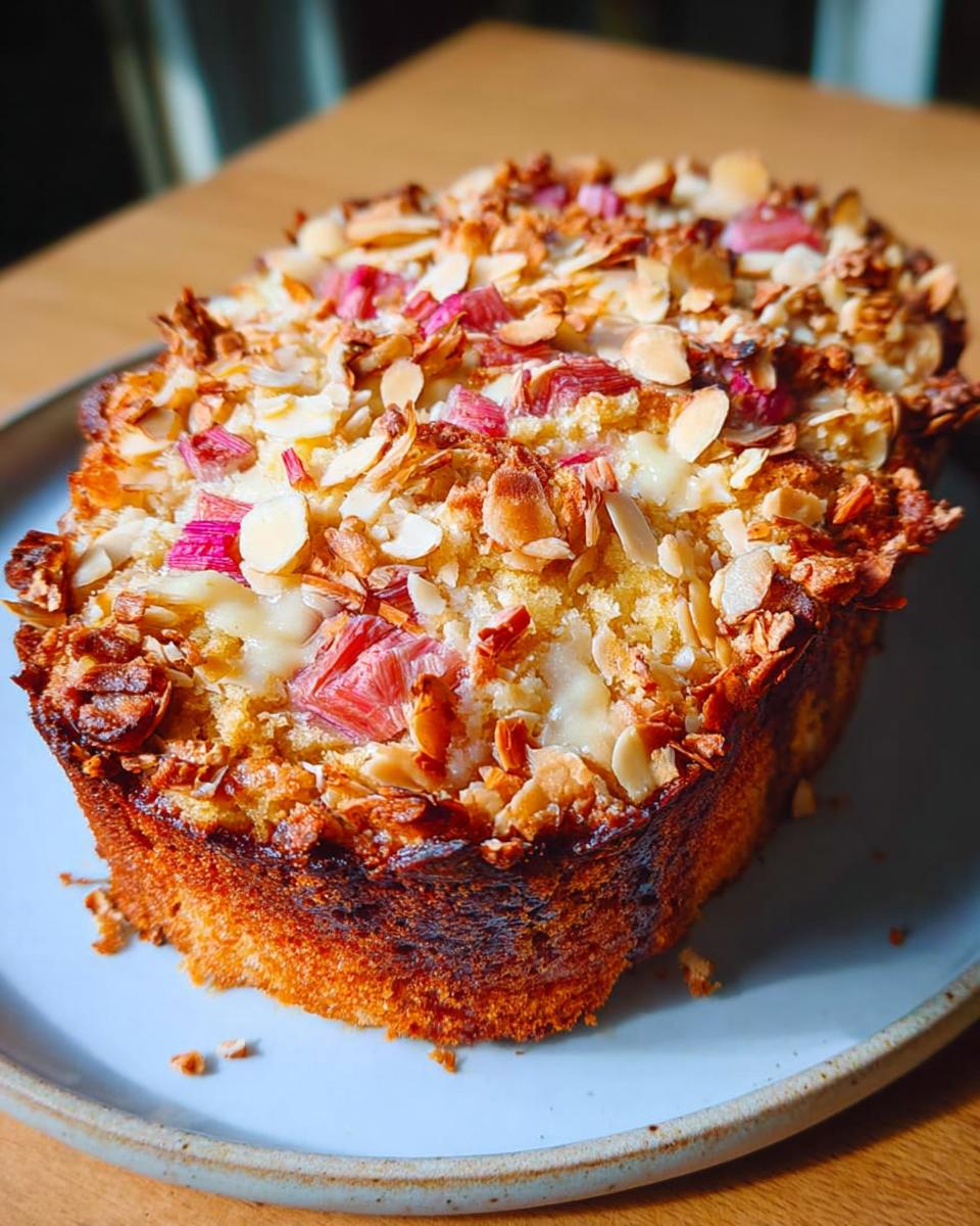 A close-up of a baked Rhubarb and Almond Cake Inspired by Nigella Lawson, topped with flaked almonds and pieces of rhubarb.