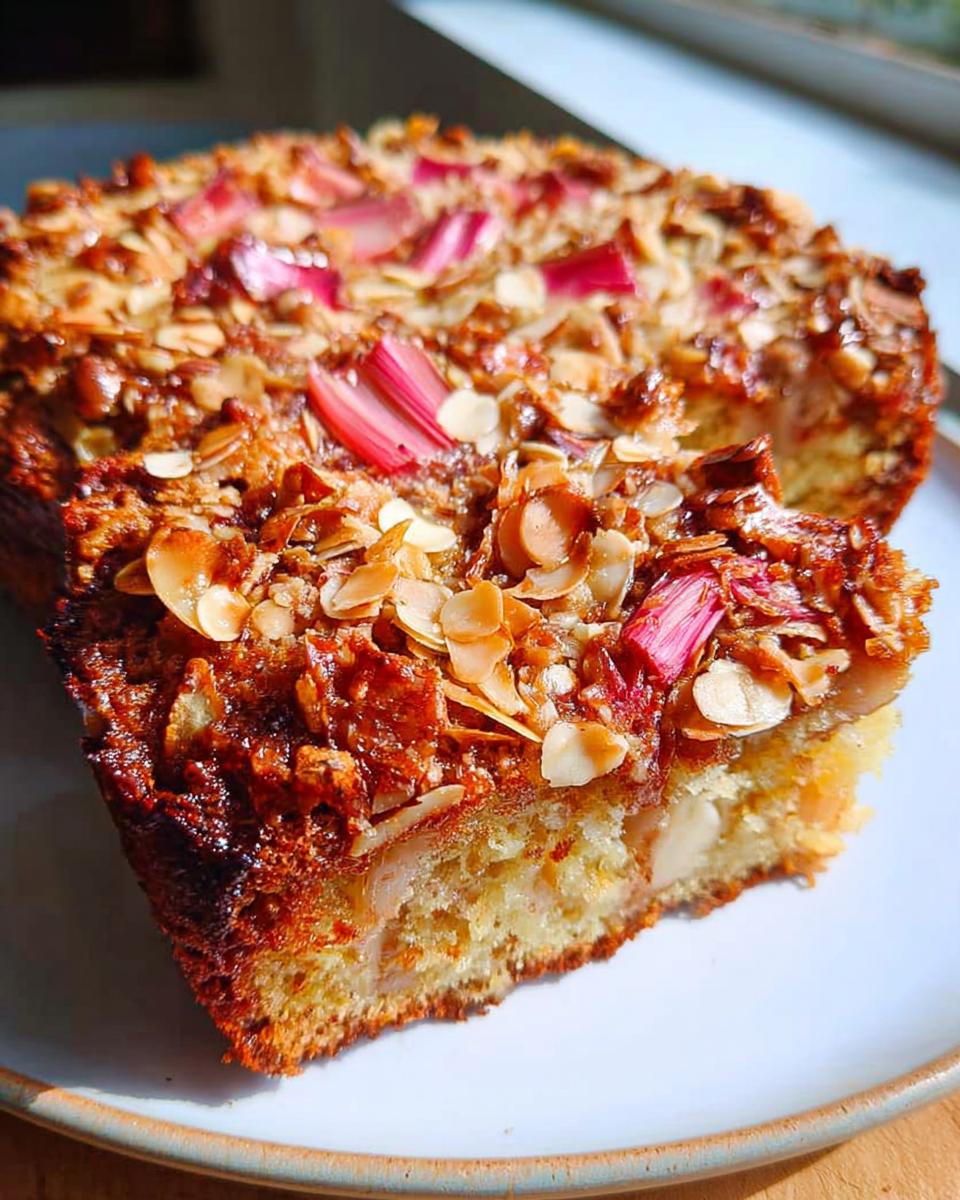 A slice of Rhubarb and Almond Cake, topped with flaked almonds and rhubarb pieces, on a white plate.