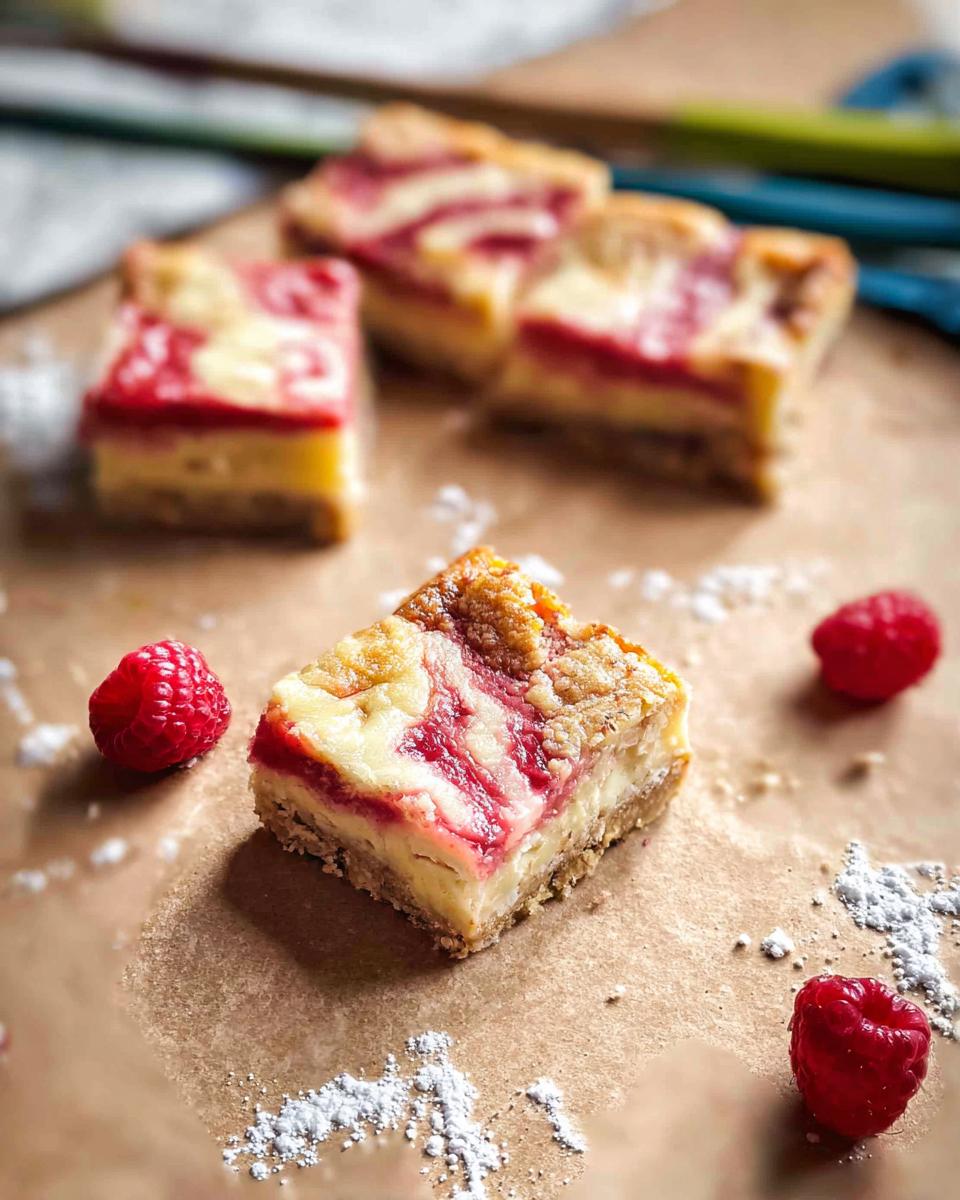 Close-up of a Rhubarb Cheesecake Bar, showcasing the creamy cheesecake swirl and tart rhubarb filling on a crumbly biscuit base.