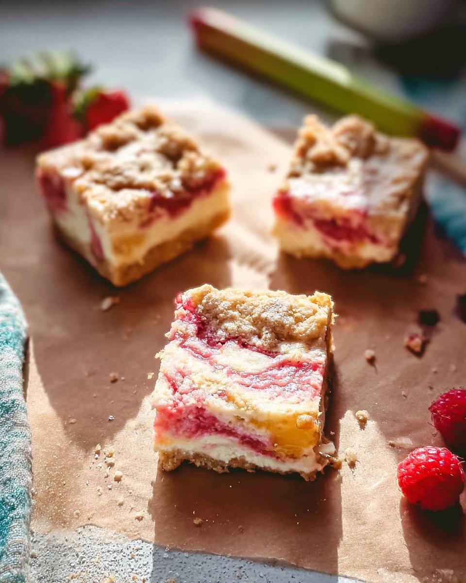 Close-up of three Rhubarb Cheesecake Bars, showing the creamy filling swirled with pink rhubarb and a crumbly topping.