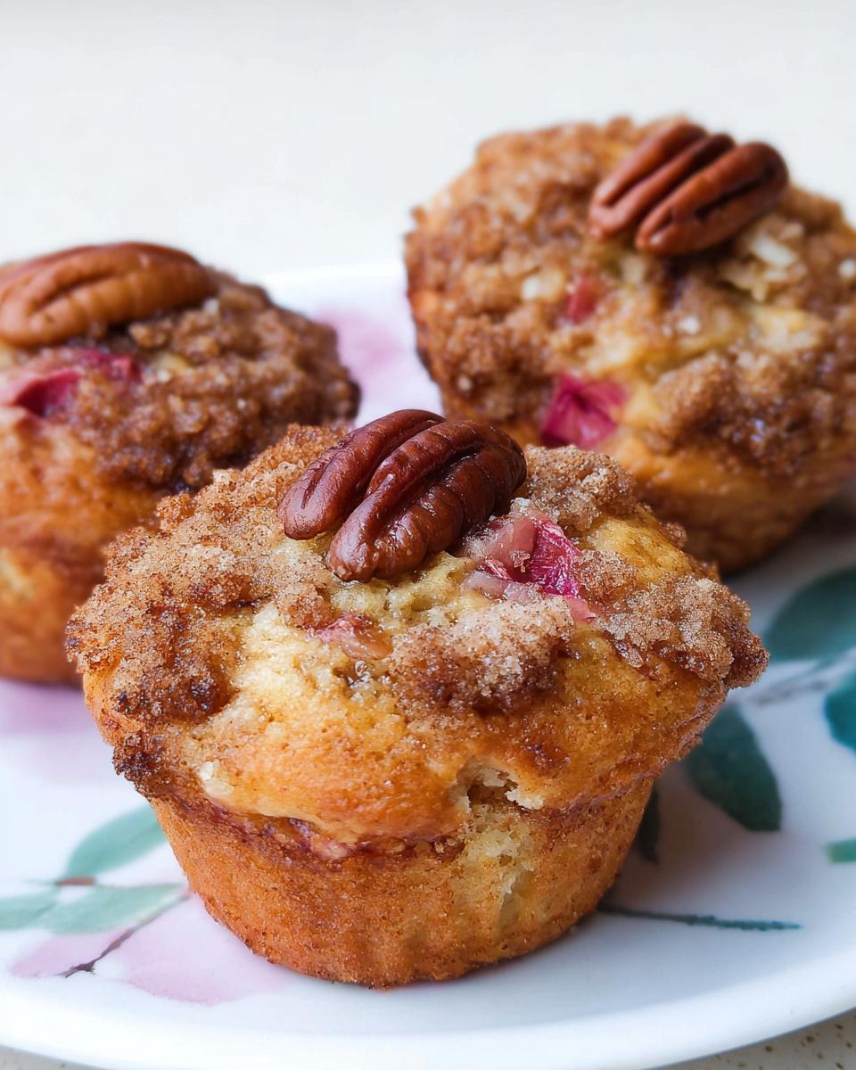 Three delicious Rhubarb and Pecan Muffins, topped with pecans and a crumble topping, inspired by Mary Berry.