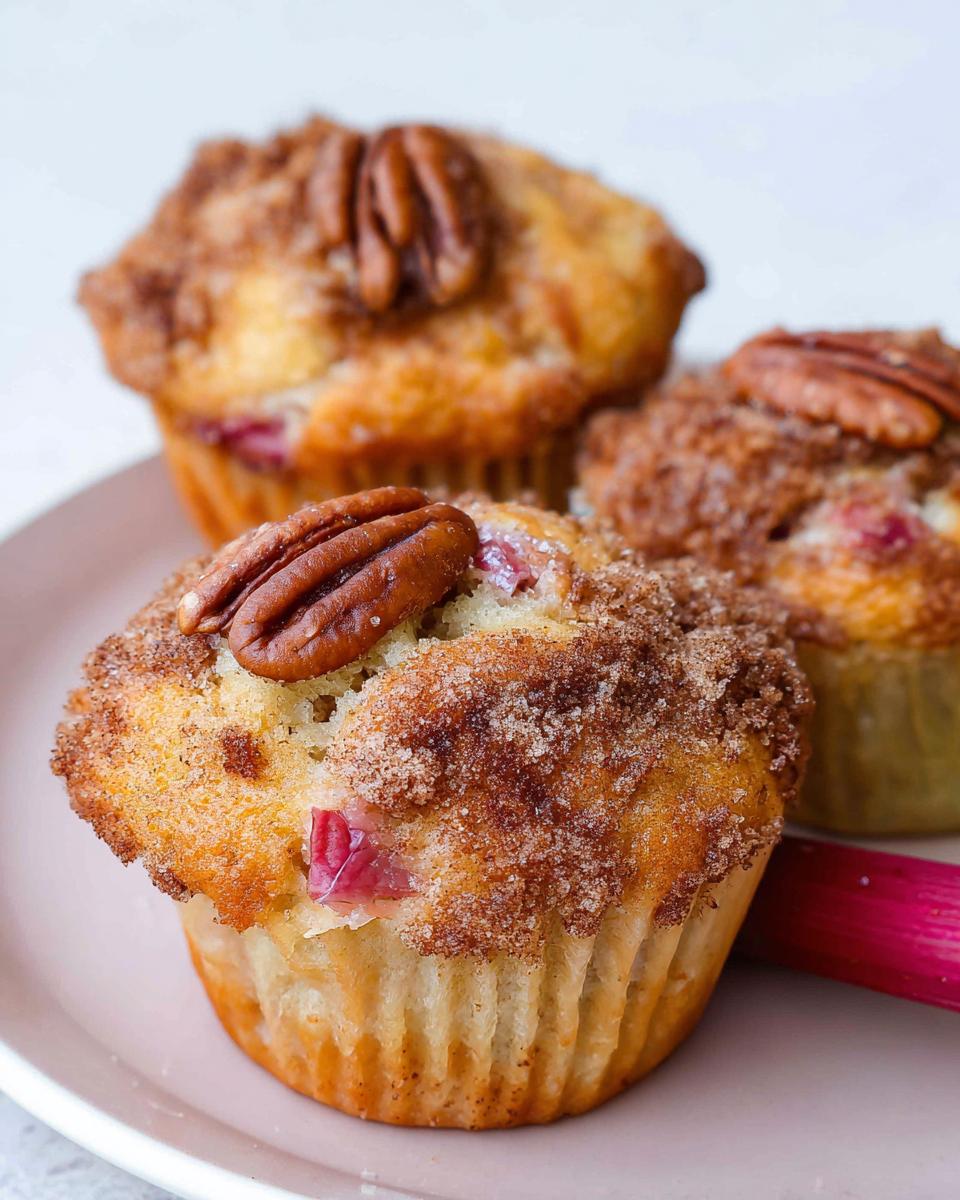 Close-up of three Rhubarb and Pecan Muffins, each topped with a pecan and cinnamon sugar.