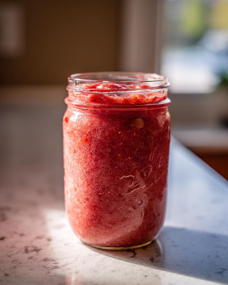 A close-up of a glass jar filled with vibrant Rhubarb and Strawberry Jam, inspired by Mary Berry.