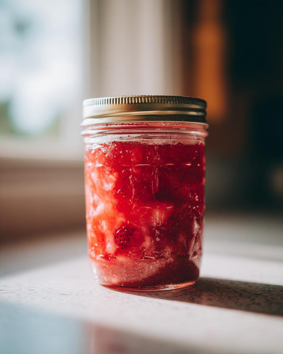 A close-up of a glass jar filled with vibrant red Rhubarb and Strawberry Jam, inspired by Mary Berry.