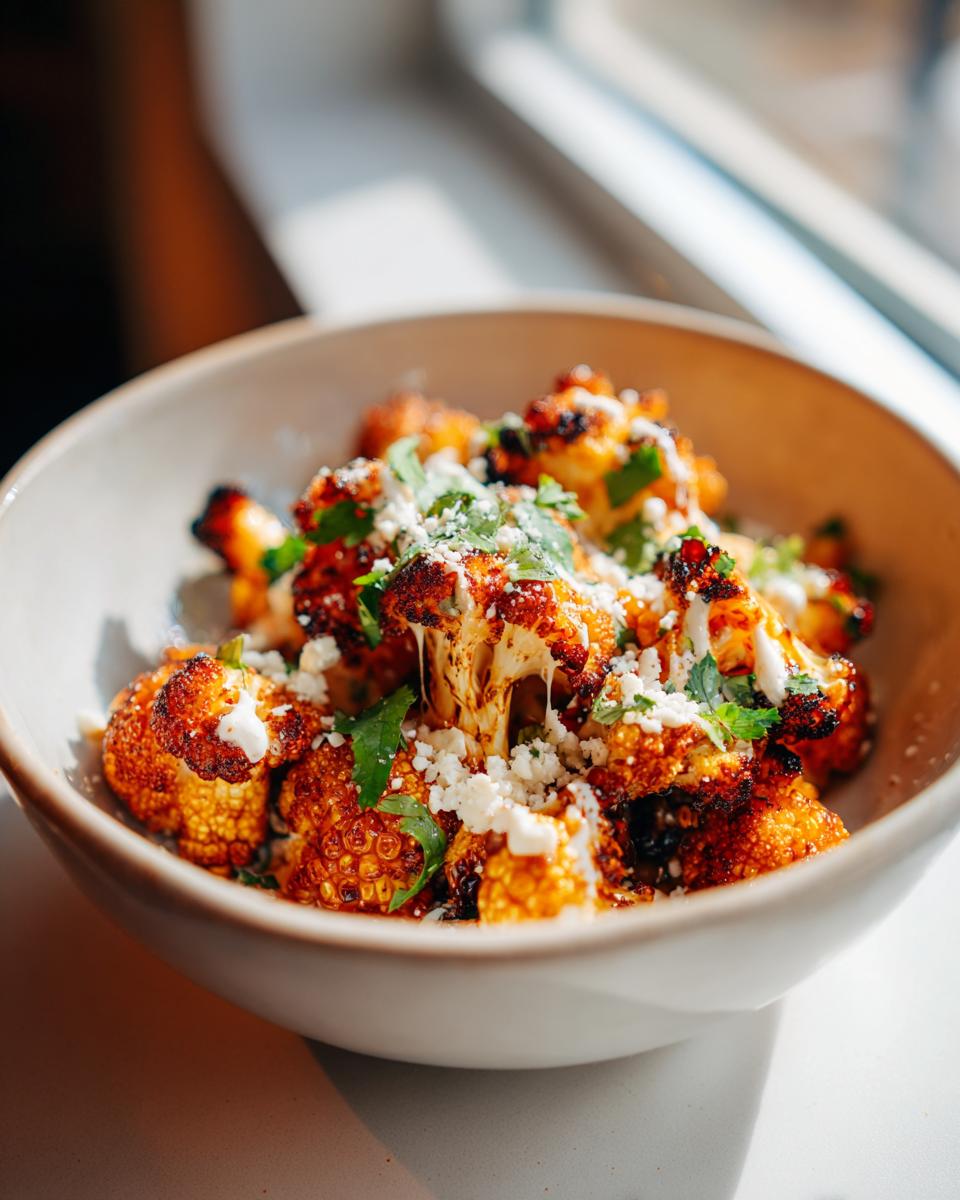 A close-up of roasted cauliflower elote, topped with crumbled cheese, fresh cilantro, and a creamy sauce.