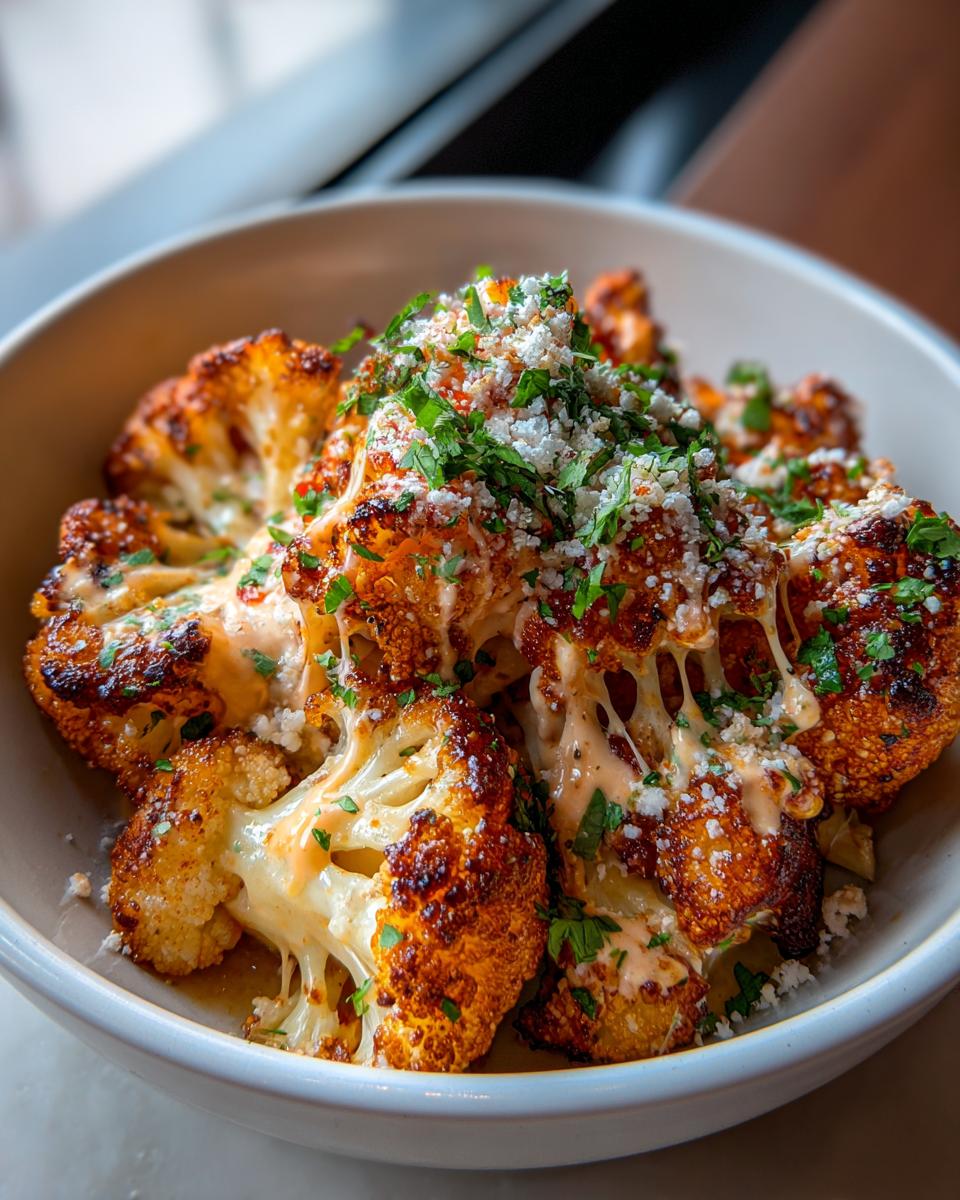 Close-up of roasted cauliflower elote topped with creamy sauce, crumbled cheese, and fresh cilantro.