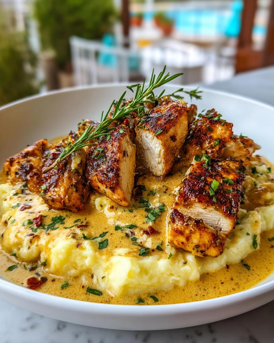 Close-up of saucy herb and garlic chicken skillet served over creamy mashed potatoes, garnished with rosemary.