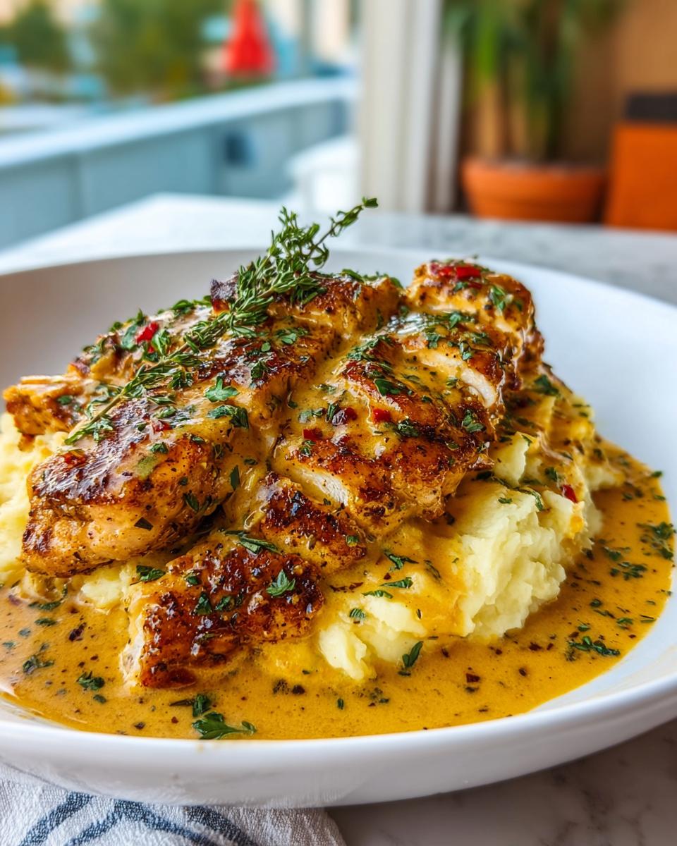 Close-up of a Saucy Herb and Garlic Chicken Skillet served over mashed potatoes, garnished with fresh herbs.