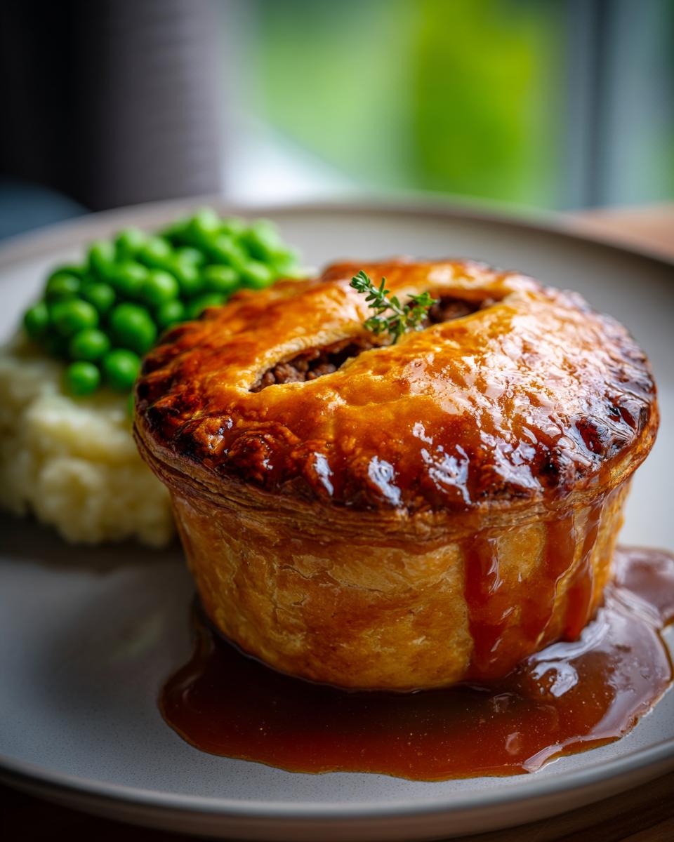 A golden-brown Scottish Mince Beef Pie served with creamy mashed potatoes and bright green peas, drizzled with gravy.