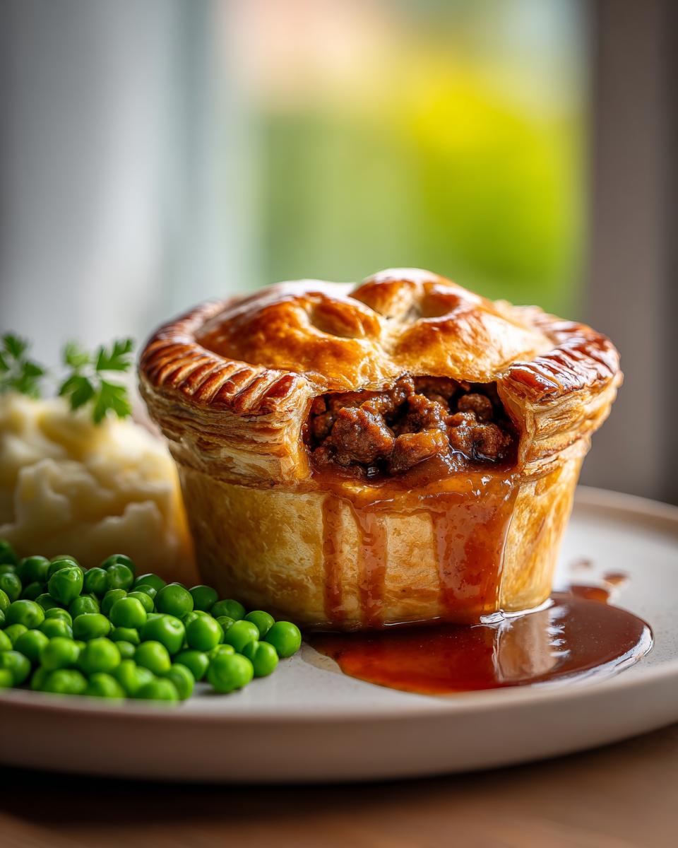 A close-up of a golden Scottish Mince Beef Pie, served with creamy mashed potatoes and bright green peas.
