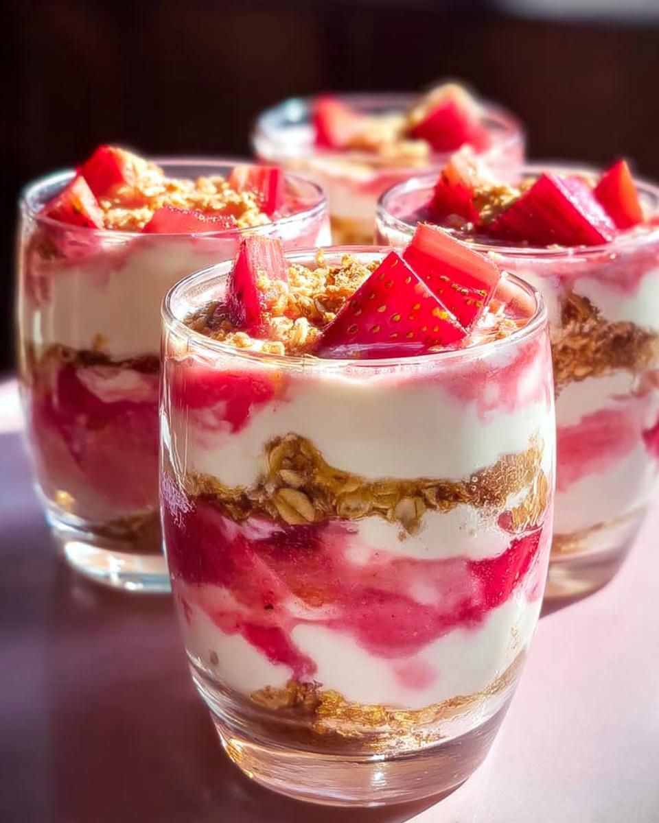Close-up of individual glasses filled with Scottish Rhubarb Cranachan dessert, layered with cream, rhubarb compote, and oats.