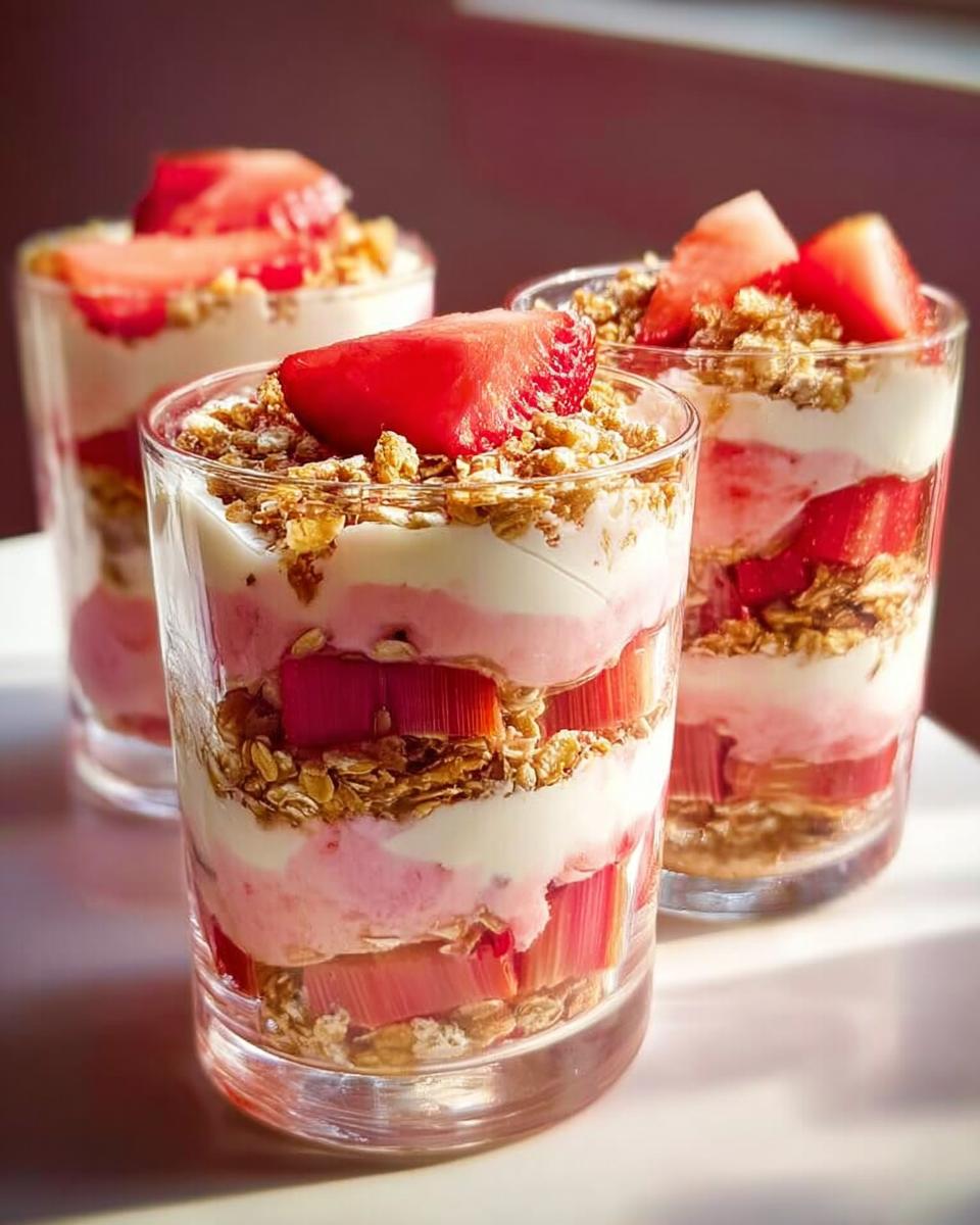 Three glasses filled with Scottish Rhubarb Cranachan dessert, layered with rhubarb, cream, and granola, topped with strawberries.