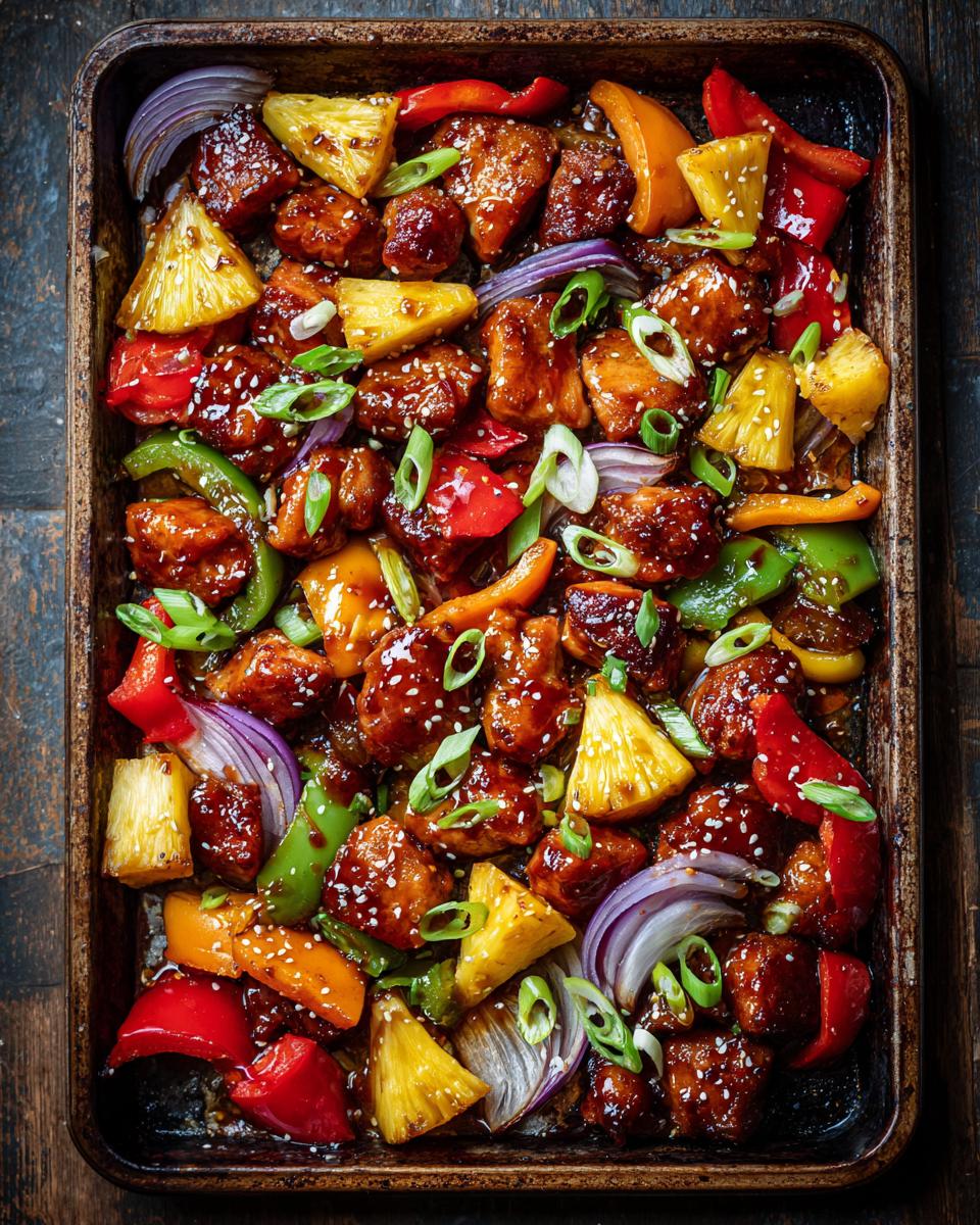 Top view of a sheet pan filled with glistening sheet pan Hawaiian chicken, pineapple chunks, bell peppers, and red onion.