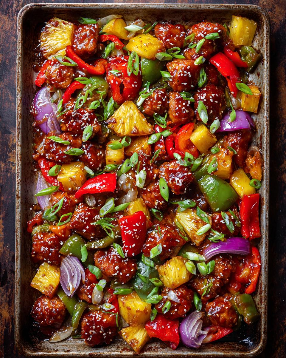 Overhead view of a sheet pan filled with sheet pan Hawaiian chicken, pineapple chunks, bell peppers, and red onion, garnished with sesame seeds and green onions.