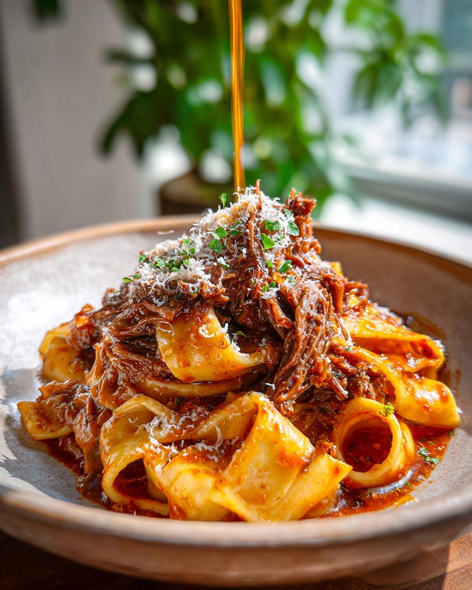 A close-up of short rib ragu with egg noodles, topped with grated cheese and parsley.