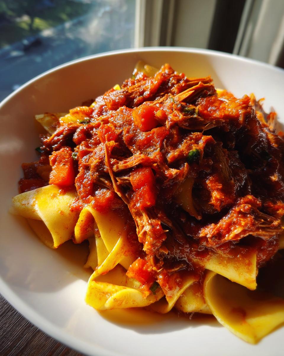 A close-up of a bowl of pappardelle pasta topped with a rich, hearty short rib ragu.
