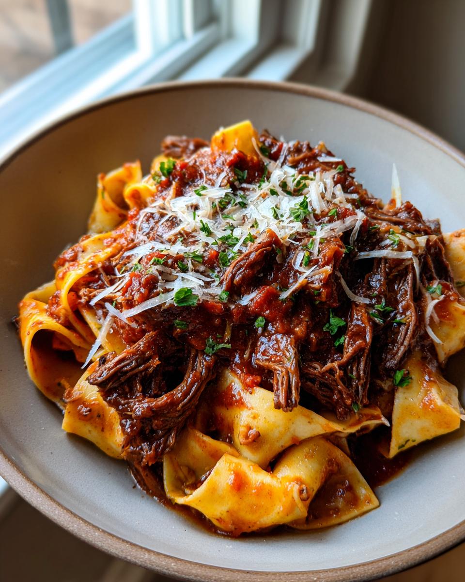 A close-up of a bowl of pappardelle pasta topped with rich, shredded short rib ragu and grated Parmesan cheese.